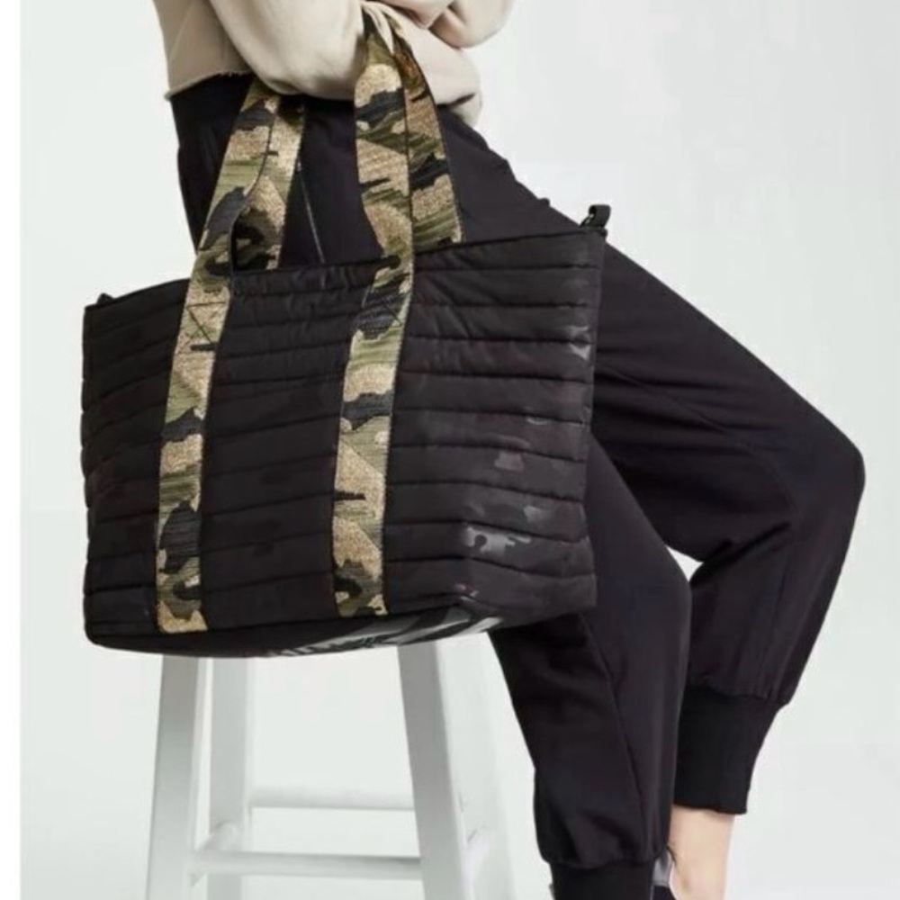 THINK ROYLN Black Quilted Tote with Green and gold Camo Handles